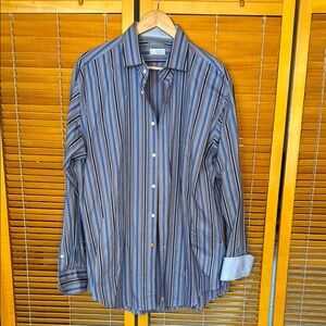 Thomas Dean Navy and White Striped Button-Down Shirt